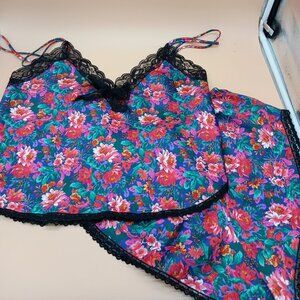 Vintage Lingerie Silky Floral Camisole High Waist Panty Set Tap Pants Small 80s
